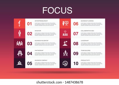 focus Infographic 10 option template. target, motivation, integrity, process simple icons