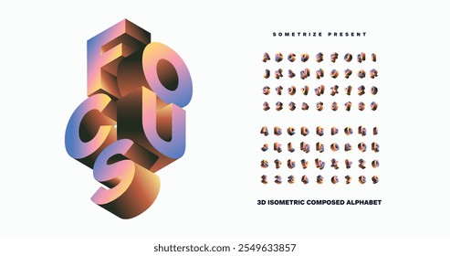 Focus: Isometric display font with a vibrant, multicolored design. A perfect blend of minimalism and boldness for modern branding projects.