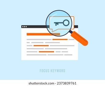 Focus Keyword - target search term for SEO rankings. Selection, research and analysis focus keywords for search engine optimization. Vector isolated illustration on blue background with icons