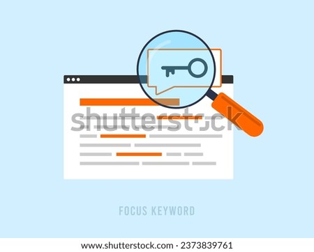 Focus Keyword - target search term for SEO rankings. Selection, research and analysis focus keywords for search engine optimization. Vector isolated illustration on blue background with icons