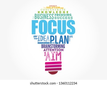 FOCUS light bulb word cloud collage, business concept background
