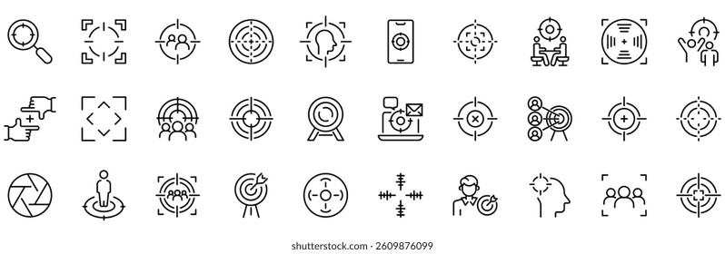 Focus line web icons. Target icons. Precision. Bullseye, Crosshair, Reticle, Viewfinder. Precision Reticle Set. Editable stroke.