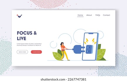 Focus and Live Landing Page Template. Tiny Woman Shut Off Huge Phone Putting Aside Technology. Concept of Importance Of Disconnecting To Connect With The Real Life. Cartoon People Vector Illustration