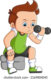 The focus man is lifting a small barbell while sitting of illustration