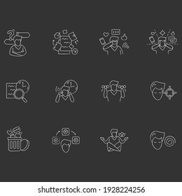 Focus mind chalk icons set. Signs collection for attention control, goal setting, mindfulness exercise, decision making and information detox. Isolated vector illustrations on chalkboard
