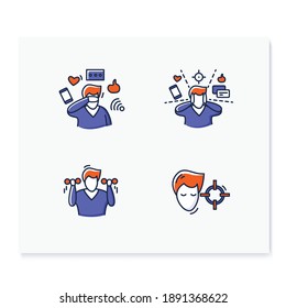 Focus mind color icon set. Pictograms collection for attention management, task and goal setting, mindfulness exercise, decision making and digital information detox. Isolated vector illustrations