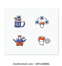 Focus mind color icon set. Pictograms collection for attention management, task and goal setting, mindfulness exercise, decision making and digital information detox. Isolated vector illustrations