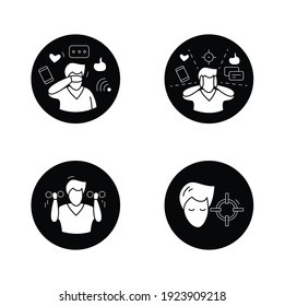 Focus mind flat icons set. Filled flat signs collection for attention control, information overload, doing exercises and information detox. Isolated vector illustrations