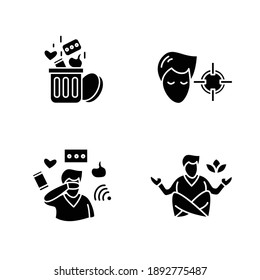 Focus mind glyph icons set. Filled flat signs collection for attention control, mindfulness meditation, decision making and information detox. Isolated silhouette vector illustrations
