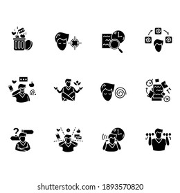 Focus mind glyph icons set. Filled flat signs collection for attention control, goal setting, mindfulness exercise, decision making and information detox. Isolated silhouette vector illustrations