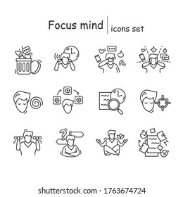 Focus mind icon set. line illustration pictograms for attention management, task and goal setting, mindfulness exercise, decision making and digital information detox. Editable stroke vector