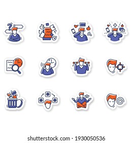 Focus mind stickers. Collection for attention control, goal setting, mindfulness exercise, decision making and information detox badge for designs. Vector emblem