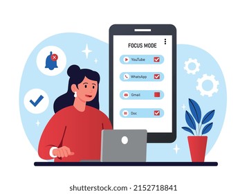 Focus mode concept. Girl at laptop on background of smartphone. Gadgets and devices. Modern technologies and digital world. Special applications for busy people. Cartoon flat vector illustration