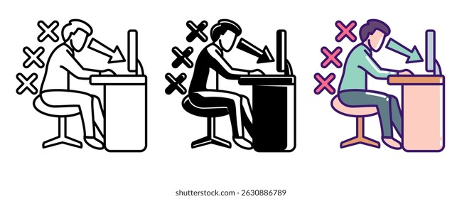 Focus Mode icon represented by man focus on screen computer Line, Filled, Color style.