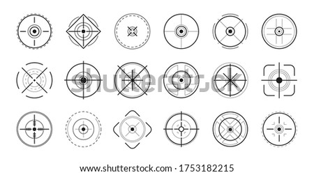 Focus on aim set. Sniper target navigation for shooting, optic crosshair. Vector illustrations for target audience, weapon, military, shooting game, accuracy topics