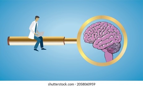 Focus on brain. Man sitting on magnifying glass. Brain in lens. Vector illustration. Dimension 16:9. 
