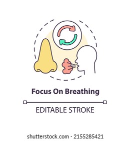 Focus on breathing concept icon. Mindfulness activity abstract idea thin line illustration. Calming mind. Concentration. Isolated outline drawing. Editable stroke. Arial, Myriad Pro-Bold fonts used