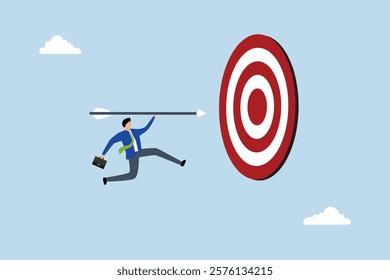 Focus on business goal, confident entrepreneur tossing a dart leaping straight to the dartboard bullseye. 