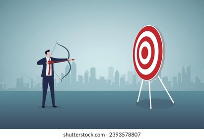 Focus on business goal, reaching target or achievement, achieve business objective or purpose, motivation to success concept, confidence businessman holding arch shooting to dartboard bullseye.