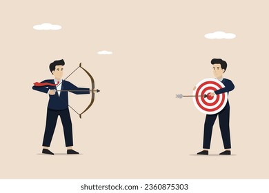 Focus on business goals, goals for career development concept, businessman aiming at target held by his coworkers. Illustration of a successful businessman.