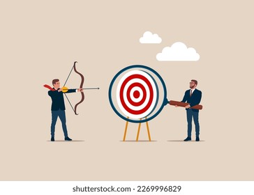 Focus on business target. Target board inside magnifier glass for focus. Modern vector illustration in flat style