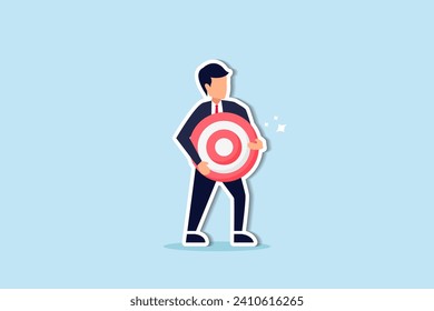 Focus on business target, setting goal for motivation, target audience for advertising or purpose for career development concept, businessman holding archer target or dashboard pointing at bullseye.