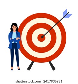 Focus on business target, setting goal for motivation, target audience for advertising or purpose for career development concept. Businesswoman standing with archer target or dashboard pointing.