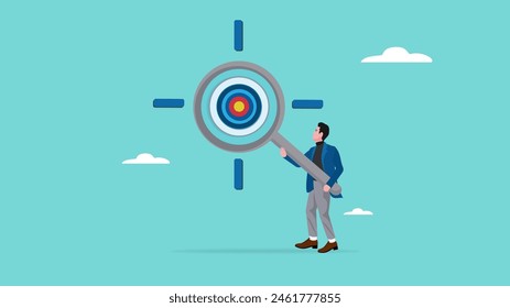 focus on business targets, seriousness in achieving business goals, businessman using magnifying glass focuses dart board