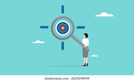 focus on business targets, seriousness in achieving business goals, business woman using magnifying glass focuses dart board