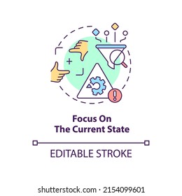 Focus On Current State Concept Icon. Value Stream Mapping Best Practice Abstract Idea Thin Line Illustration. Isolated Outline Drawing. Editable Stroke. Arial, Myriad Pro-Bold Fonts Used