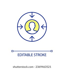 Centrarse en el icono de color RGB del cliente. Estrategia de orientación para las empresas. Método de comercialización directa. Ilustración vectorial aislada. Dibujo de línea simple relleno. Trazo editable. Tipo de letra arial utilizado