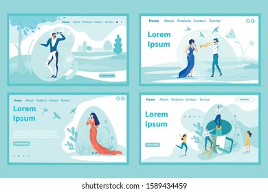 Focus On Development, Selection, And Promotion Talent And Creativity. Employees And Their Hobbies. Singers And Musicians. Four Flat Vector Landing Page Templates With Copy Space For Extra Text.