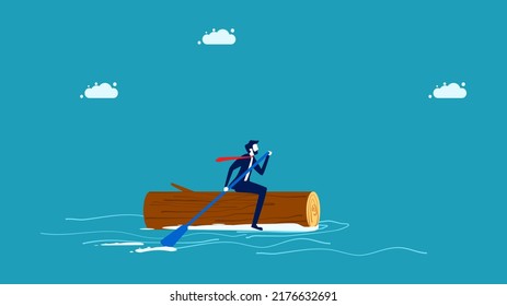 Focus on the direction of work. A businessman sails forward with determination