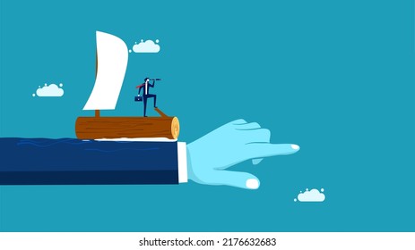  Focus on the direction of work. A businesswoman sails forward with determination