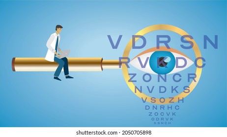 Focus on eye sight. Man sitting on golden magnifying glass. Eye in lens. Vector illustration. Dimension 16:9.