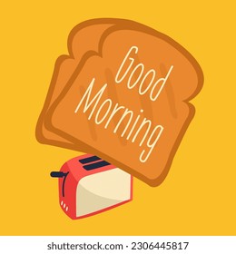 focus on flat design graphic crunchy toasted vector flying up. close up on toast popping out. sliced braed jumping out of toaster illustration, funny breakfast food in the kitchen. good morning text