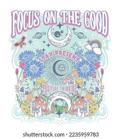  focus on the good.Mystic order.CELESTIAL SUN MOON RETRO TSHIRT GRAPHICS DESIGN