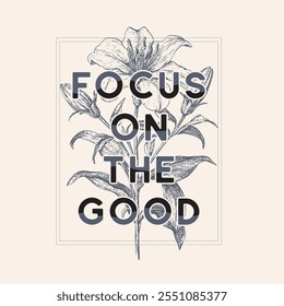 focus on the good.Retro groovy inspirational slogan print with vintage hippie flowers illustration for graphic tee t shirt or poster sticker - Vector
