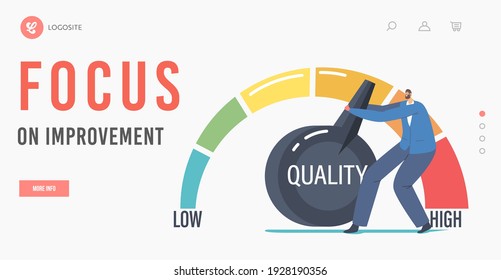 Focus on Improvement Landing Page Template. Tiny Businessman Character Pull Huge Lever Arm to Increase Level Quality, Customers Feedbak Rate Evaluation, Efficiency. Cartoon People Vector Illustration