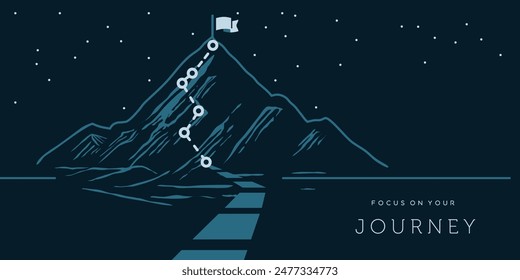 Focus on journey vector. Business concept vector illustration of a mountain with path graphic, route to mountain peak flag , business journey and planning concept.