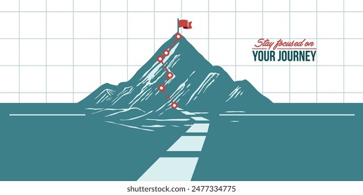 Focus on journey vector. Business concept vector illustration of a mountain with path graphic, route to mountain peak flag , business journey and planning concept.