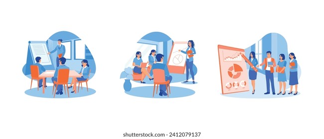 Focus on listening to the meeting leader's explanation. Business partners exchange ideas. Project presentation on a flip chart. Briefings concept. Set Flat vector illustration.