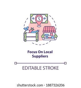 Focus On Local Suppliers Concept Icon. Reverse Globalization Trend Idea Thin Line Illustration. Local Sourcing. Vendor Management. Vector Isolated Outline RGB Color Drawing. Editable Stroke