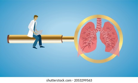 Focus on lungs. Man sitting on golden magnifying glass. Lungs in lens. Dimension 16:9. Vector illustration.