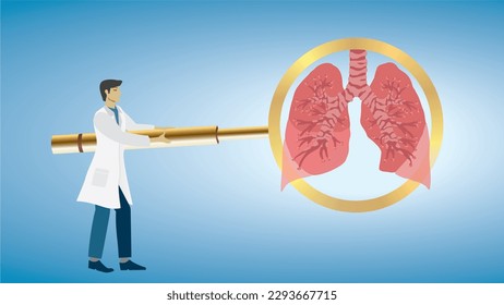 Focus on lungs,pulmonaris. Man with big golden magnifying glass examine the respiratory system. Dimension 16:9. Vector illustration.