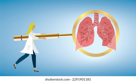 Focus on lungs,pulmonaris. Woman with big golden magnifying glass examine the respiratory system. Dimension 16:9. Vector illustration.