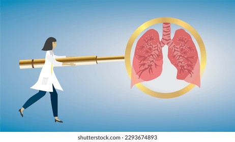 Focus on lungs,pulmonaris. Woman with big golden magnifying glass examine the respiratory system. Dimension 16:9. Vector illustration.