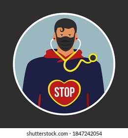 focus on man or doctor. stop coronavirus sign. paramedic with black flat design face mask vector symbol. medical staff with red heart & health care support & love treatment icon. super hero cartoon