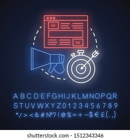Focus on marketing neon light concept icon. Targeting market strategy idea. Business promotion, goal achievement. Glowing sign with alphabet, numbers and symbols. Vector isolated illustration