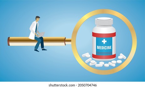 Focus on medication. Man sitting on magnifying glass. Medicine in lens. Vector illustration. Dimension 16:9.